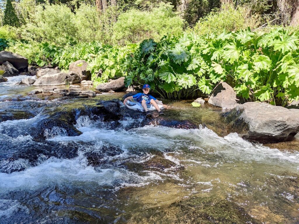 kids floating and playing in the McCloud River above Lower Falls California