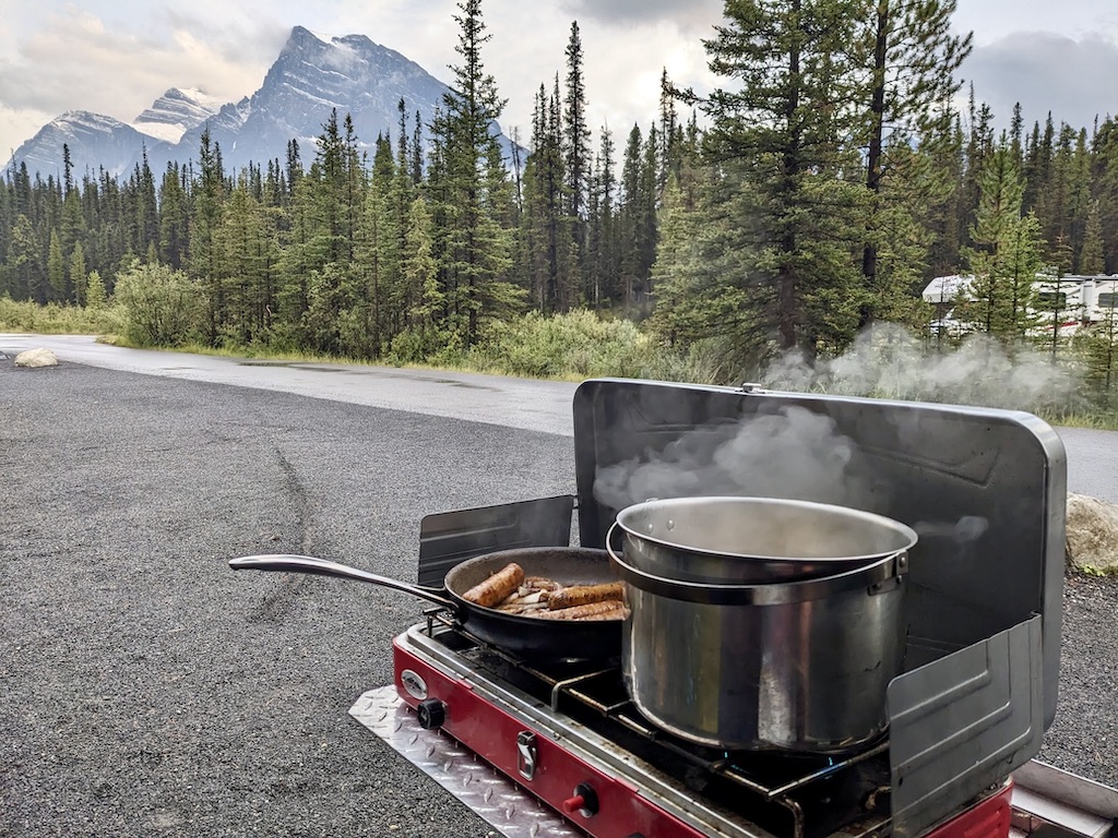 Silverhorn Creek Campground camp stove cooking with a mountain view Banff National Park