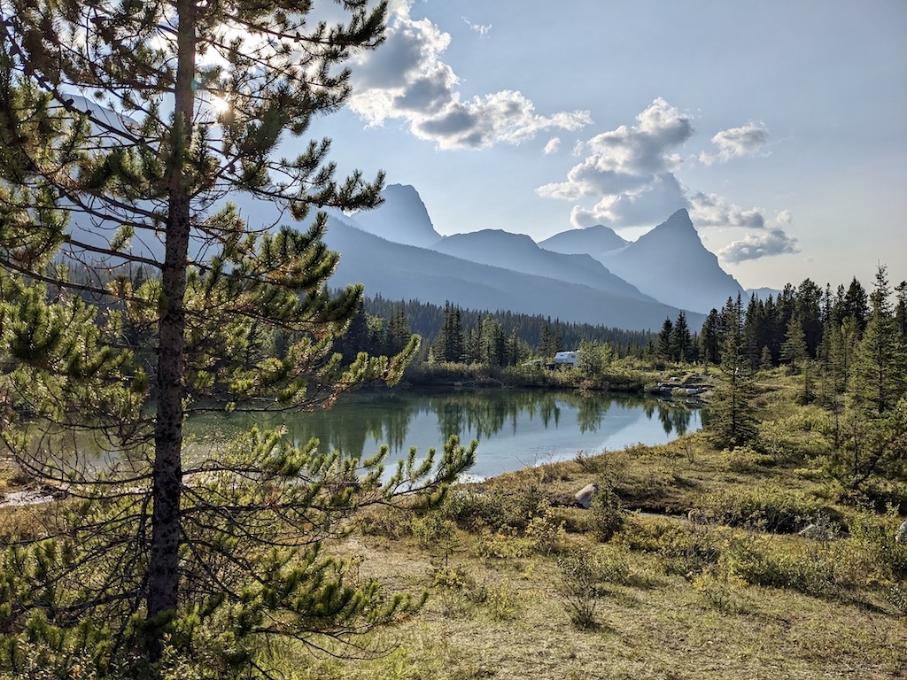 Silverhorn Creek Campground Canadian Rocky Mountain view with small lake