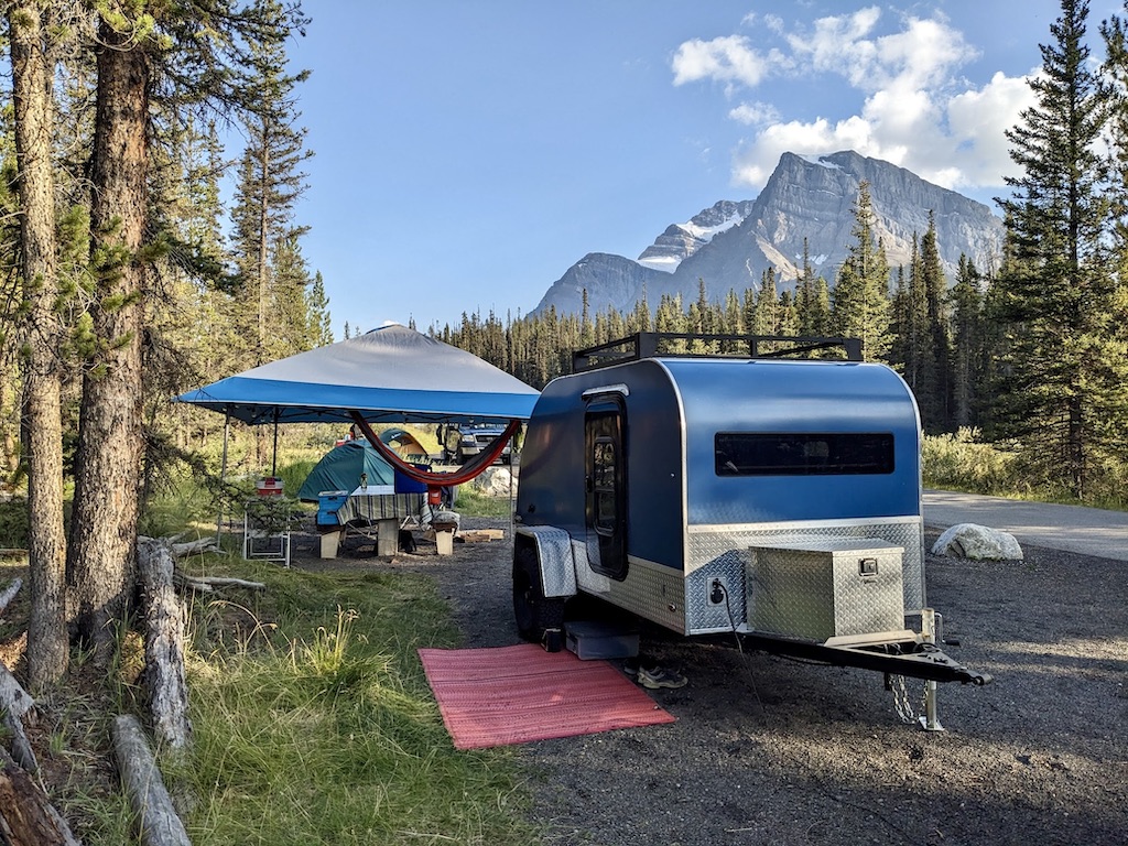 blue teardrop camper Canadian Rockies camping