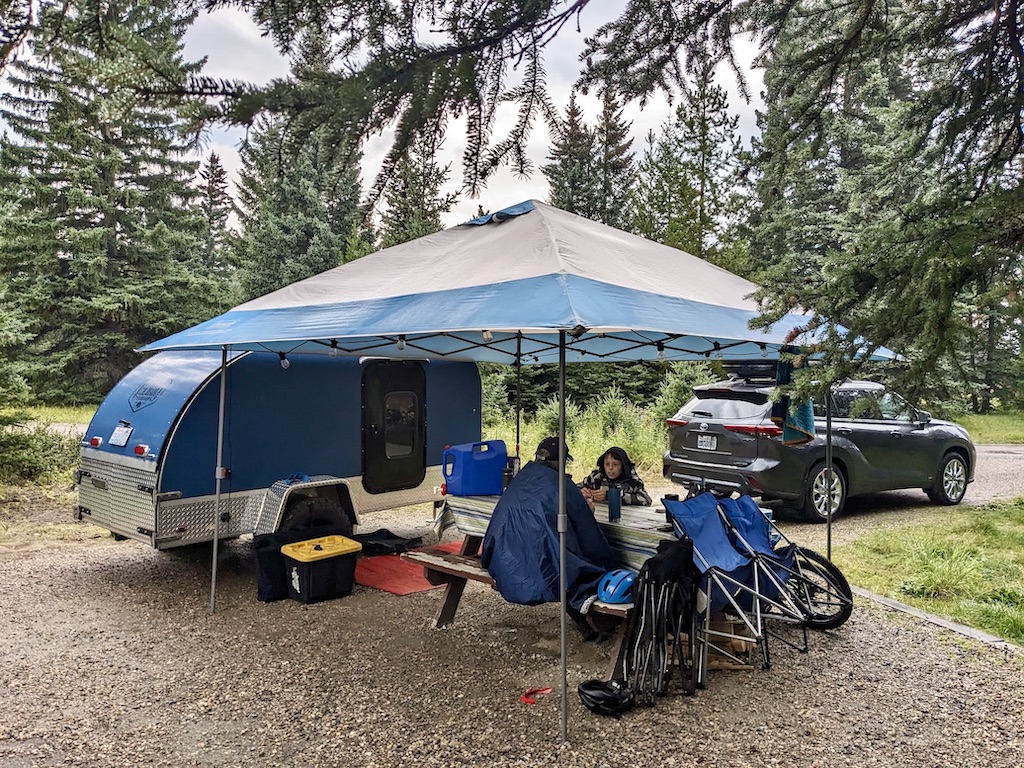 campsite #9O Whistlers Campground Jasper with teardrop trailer and canopy