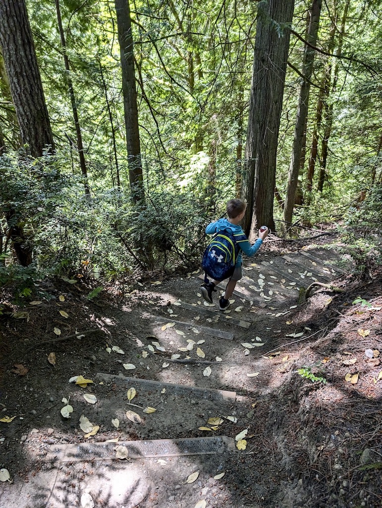 kid hiking down hilly trail to the beach at Harstine Island State Park Washington